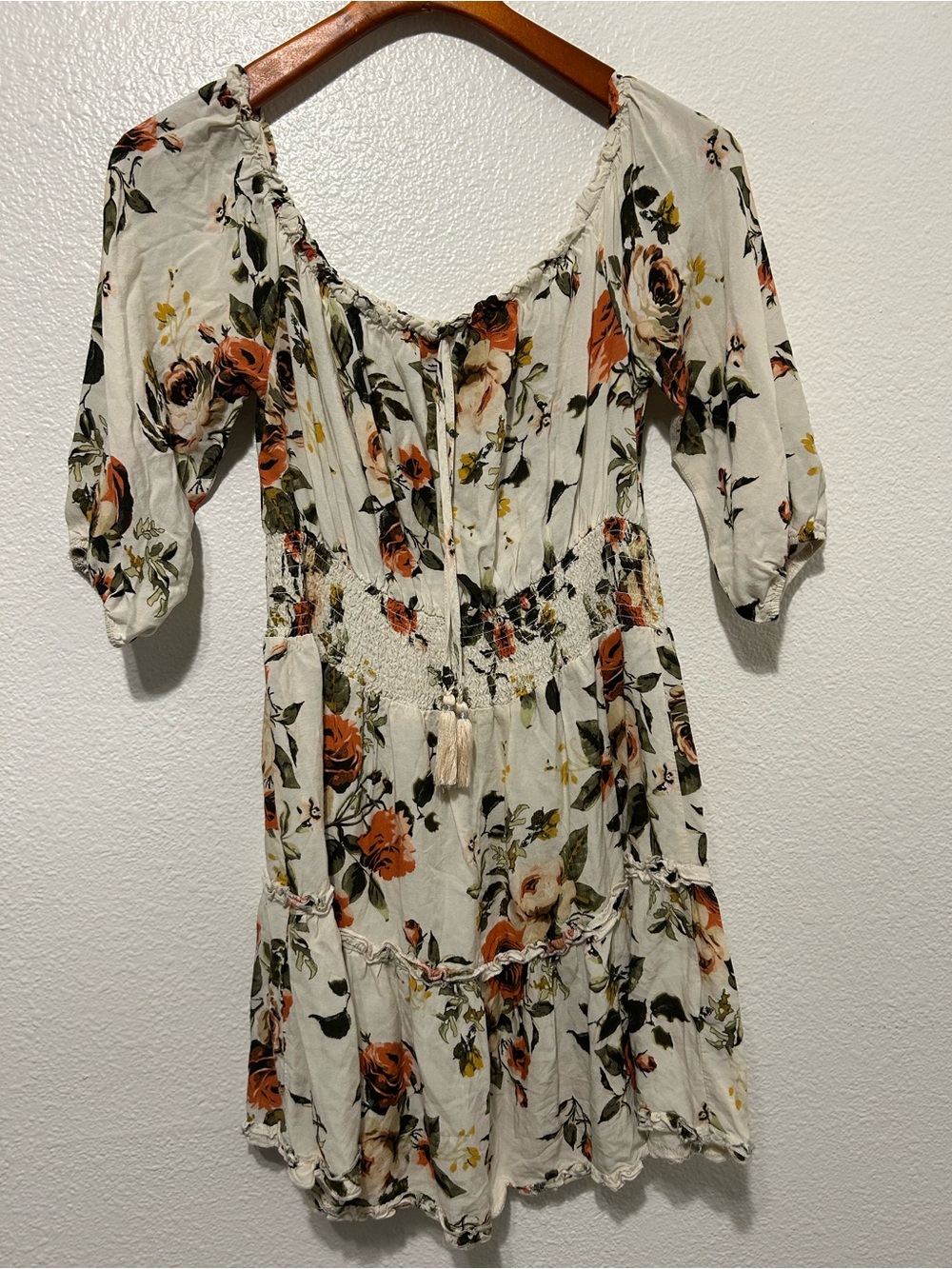 J for Justify Cream Floral Off-Shoulder Mini Dress with Orange Roses